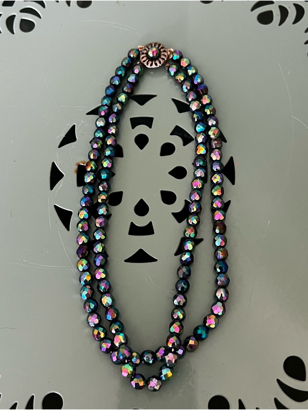 1950's Carnival Peacock Glass bead double strand necklace
